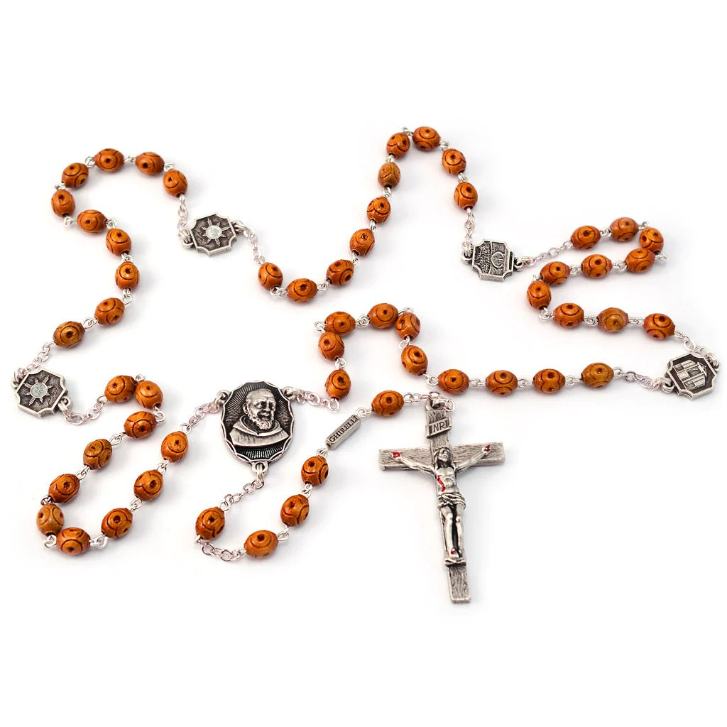 Antique Silver & Wood St. Padre Pio Rosary