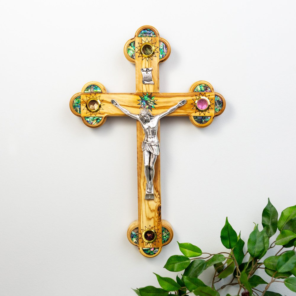 Olive Wood & Mother of Pearl Crucifix with 4 Elements - 15.25"
