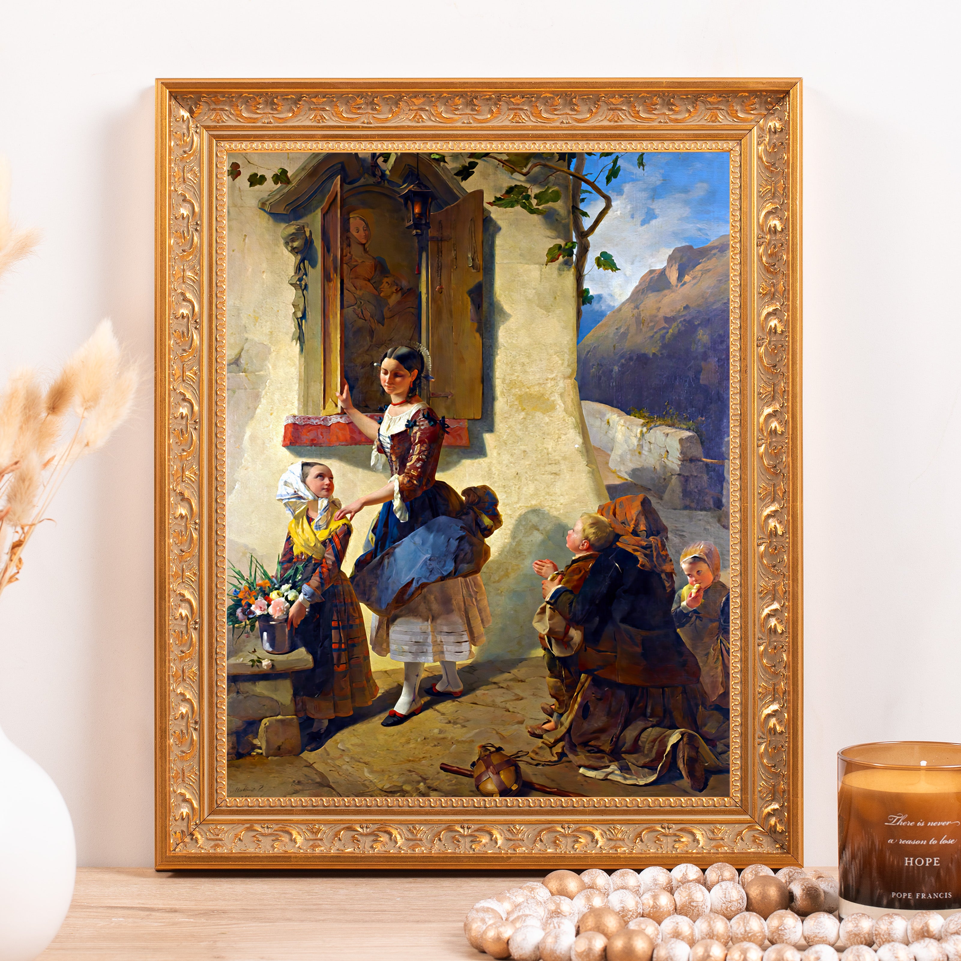 Framed, Colorful painting of peasant women outside building with a window.