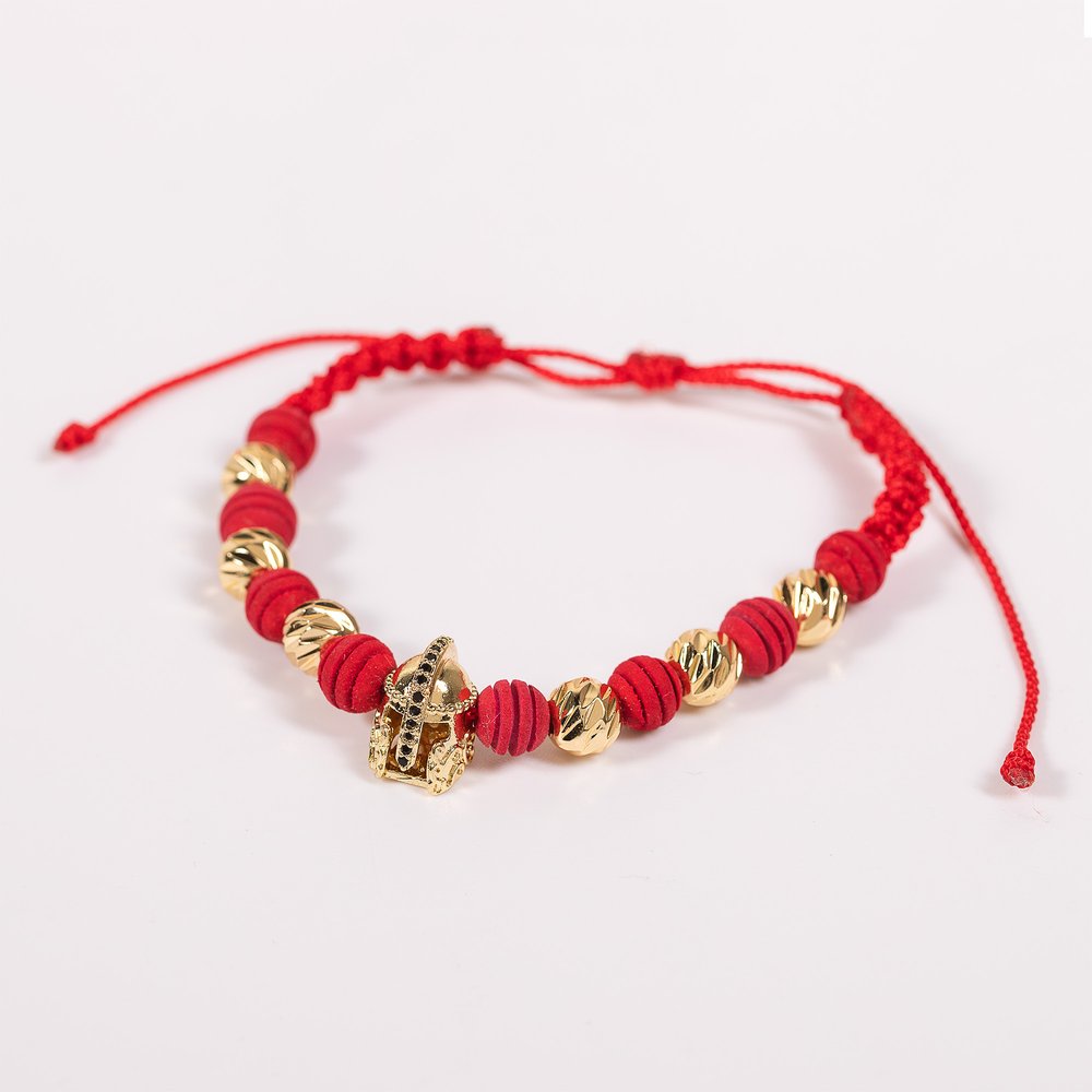 Woven Red Thread Bracelet – Neoprene, Cross, and Roman Helmet
