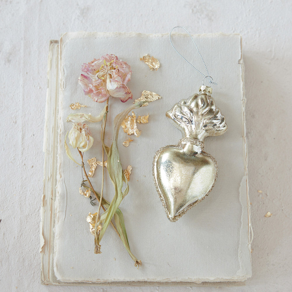 Glass Sacred Heart Ornament with Glitter, Gold Finish