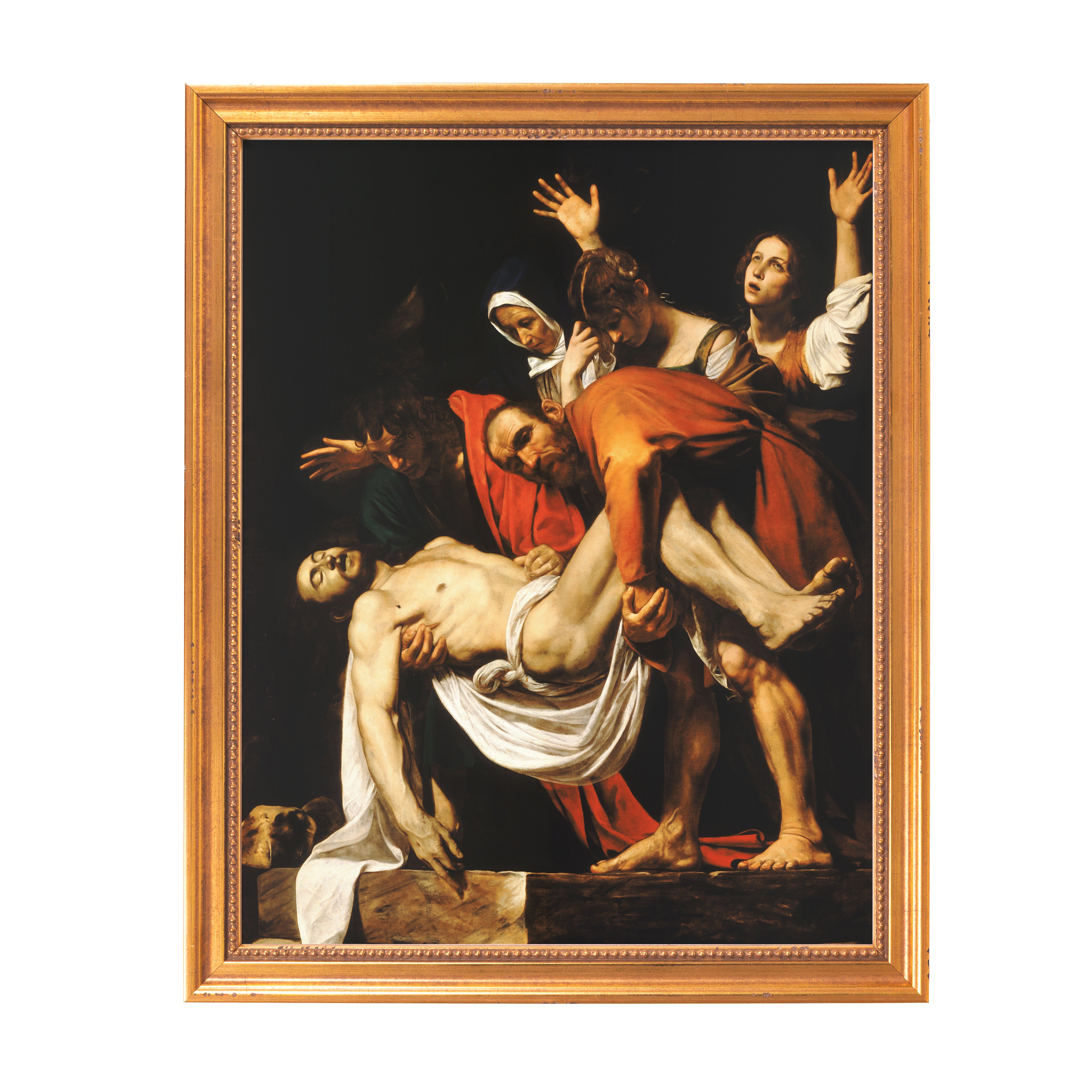 Framed Canvas print of 'The Entombment of Christ' by Caravaggio in gold frame, dark background.