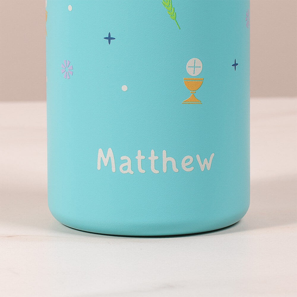 Personalized First Communion Water Bottle & Rosary Gift Set with Stickers