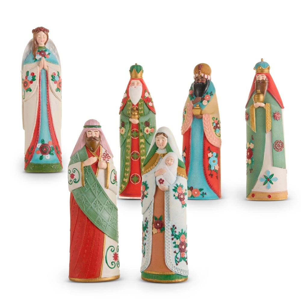 Colorful Folk Art Embroidery Style Nativity Scene Set - 6 Pieces