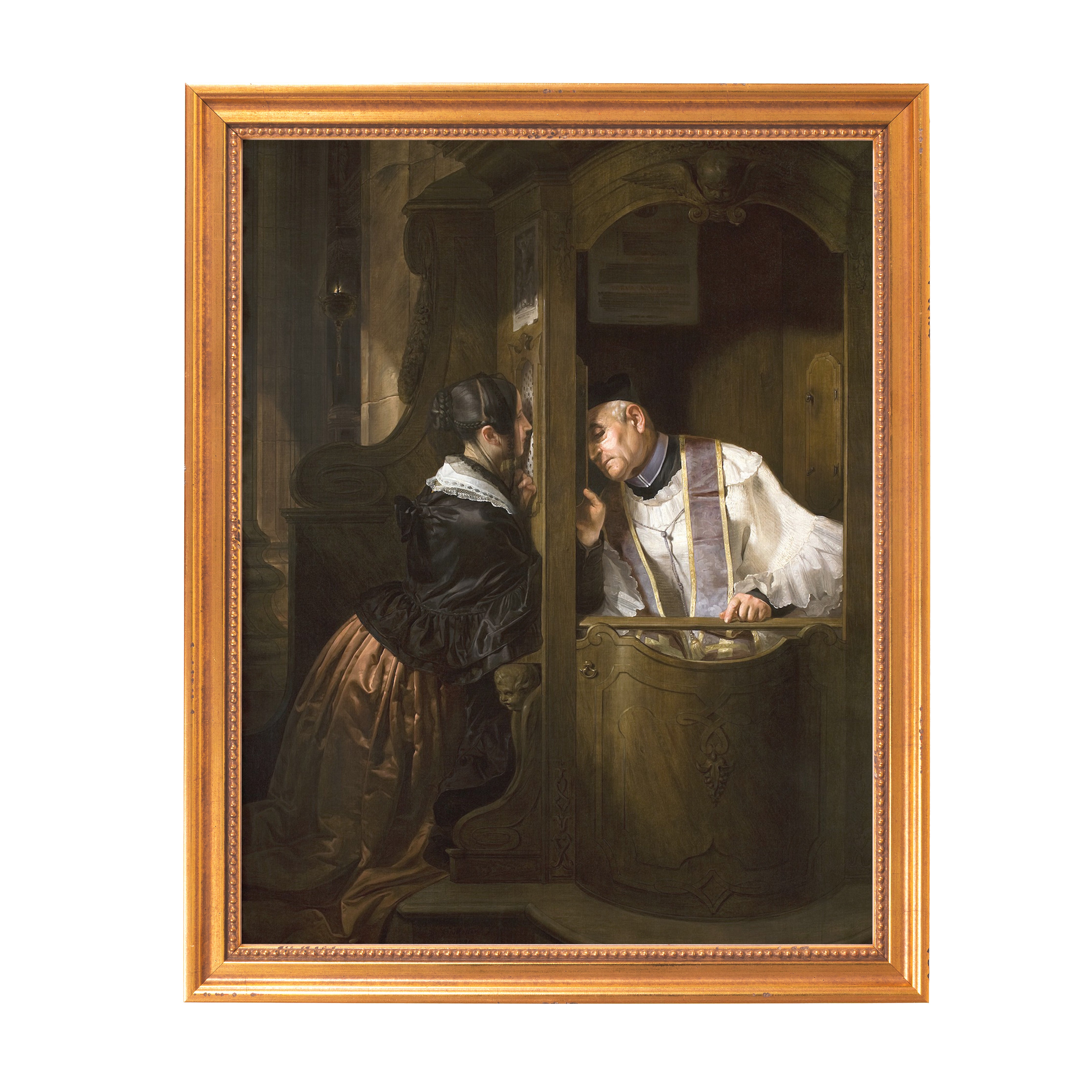 Framed oil painting of a woman confessing to a priest in a wooden confessional booth.