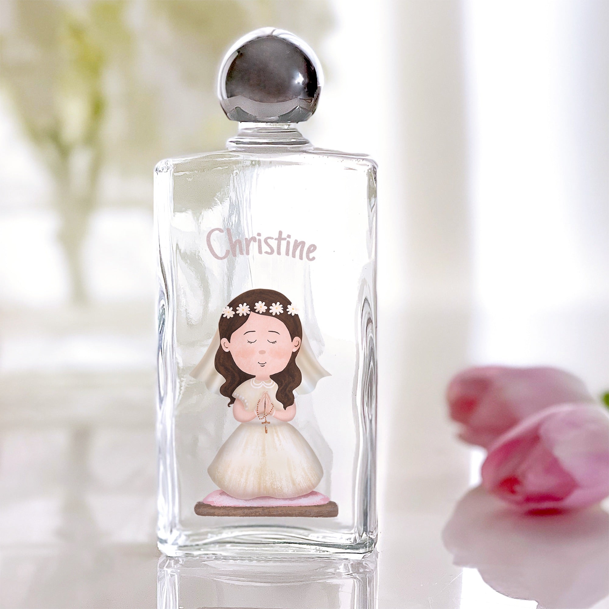 Personalized glass water bottle with "Christine" and first communion girl graphic, silver cap.