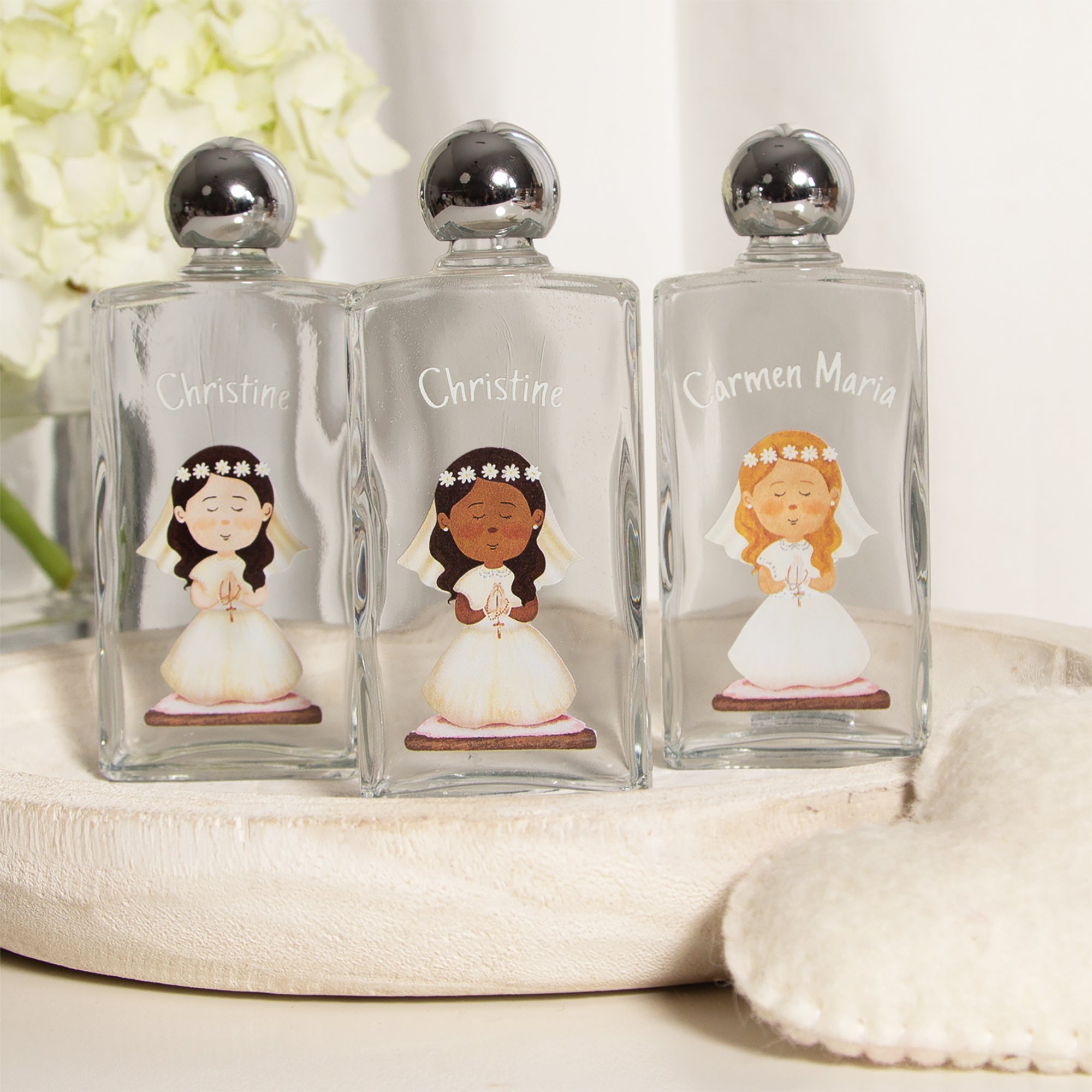 Personalized, glass Holy Water bottles with girl illustration, silver top.