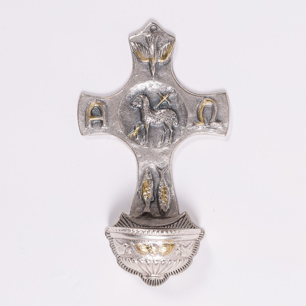 Italian Lamb of God Greek Cross Holy Water Font -  5"