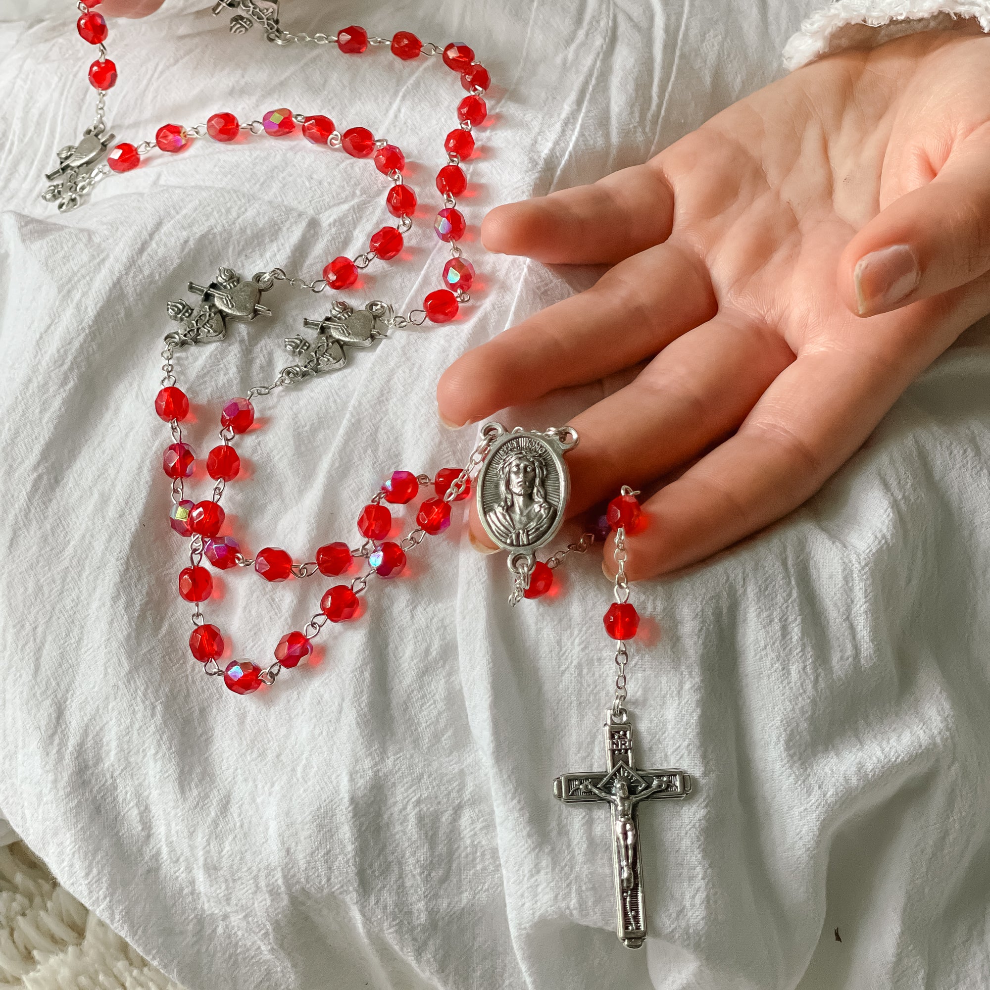 Firepolished Crystal Two Hearts Rosary