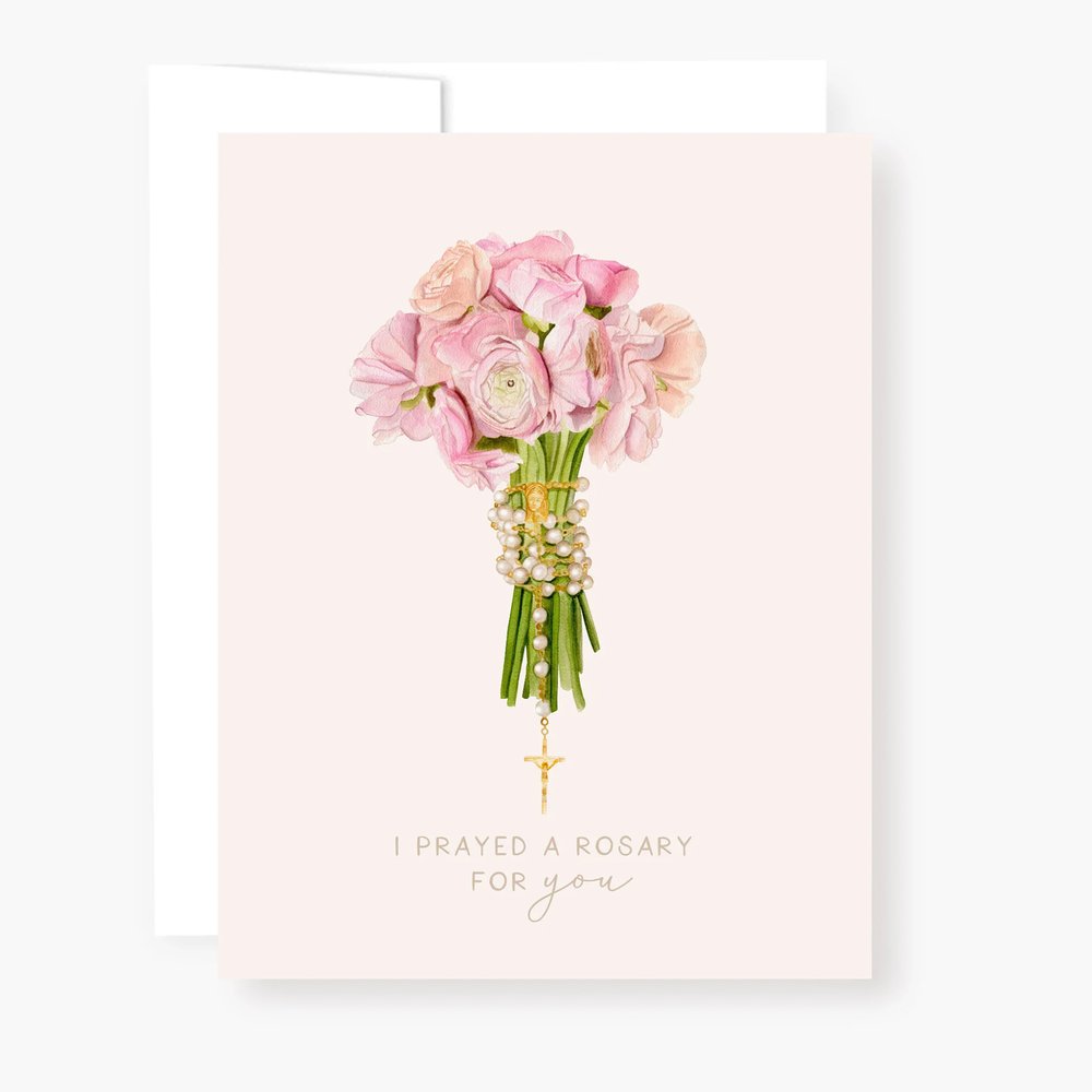 I Prayed a Rosary for You Pink Flower Bouquet Greeting Cards (4 Pack)