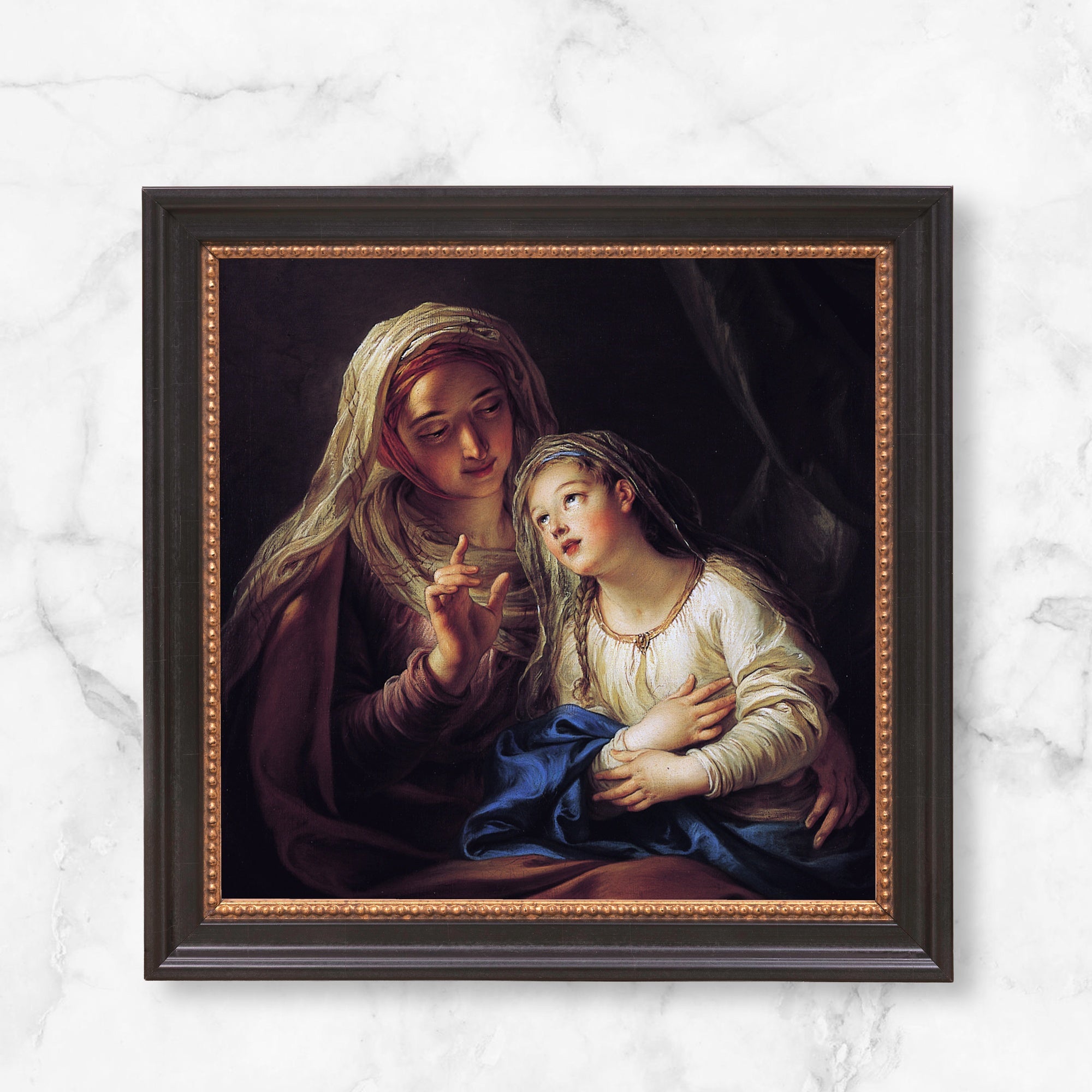 Framed print. Oil painting of Saint Anne and the Virgin Mary with a dark ornate frame.