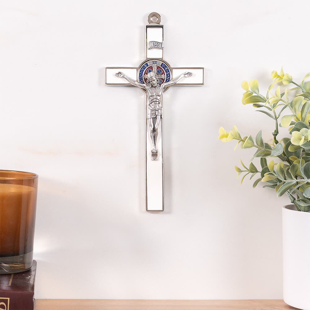 Italian White Enamel St. Benedict Wall Crucifix - 7.75"