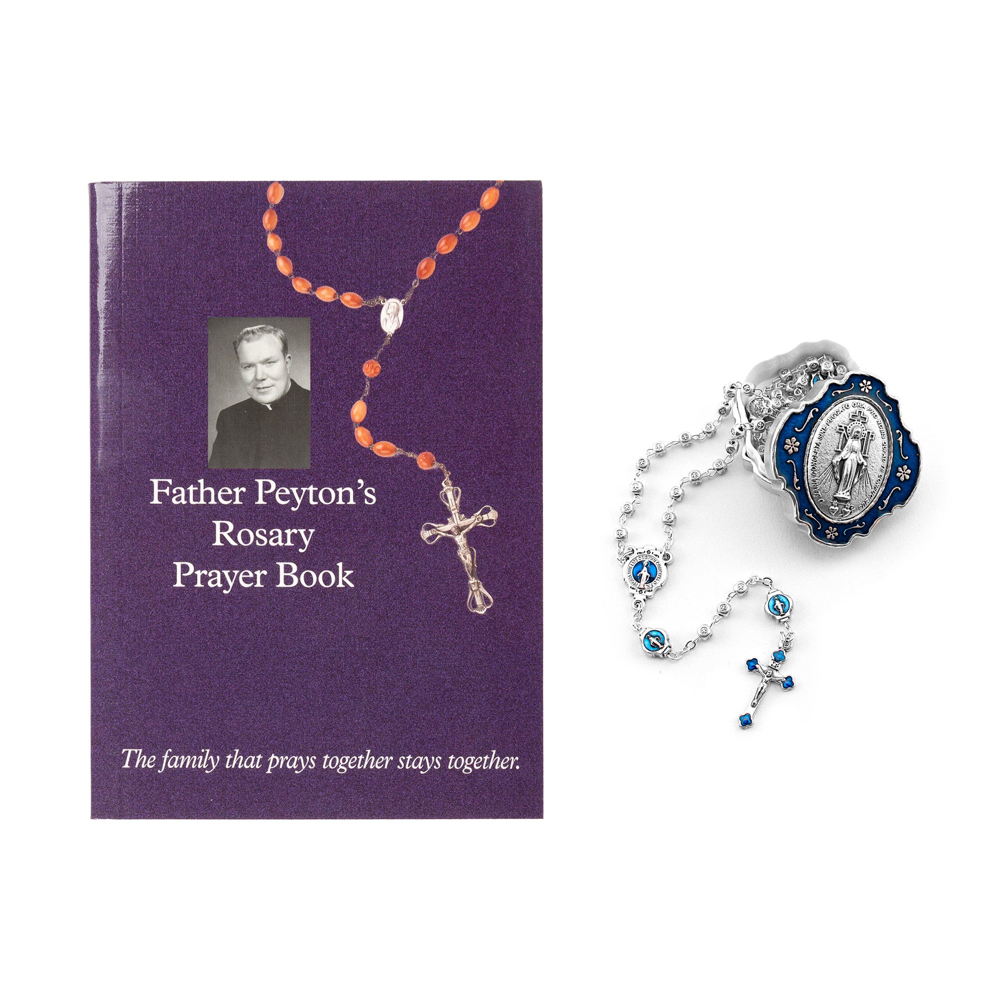 Father Peyton's Rosary Prayer Book & Miraculous Medal Rosary with Blue Enamel Box (Gift Set)