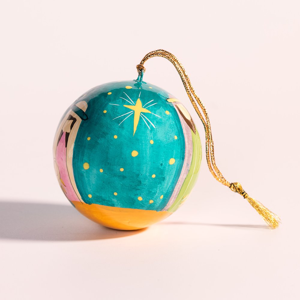 Blue Papier-Mâché Nativity Ornament