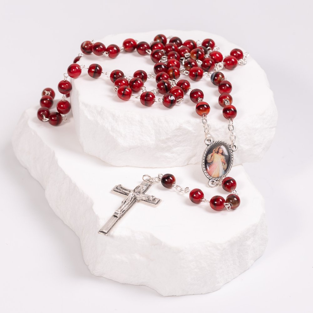 Black & Red Bead Divine Mercy Rosary with Colored Centerpiece