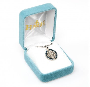 Sterling & Blue Enameled St. Benedict Medal Necklace - 18"