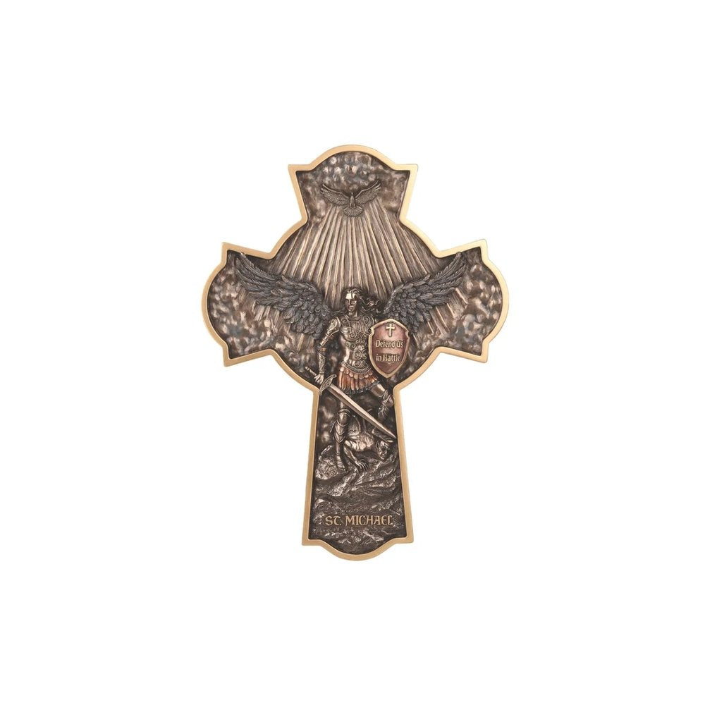 St. Michael Hand Painted Cross Plaque - 16"