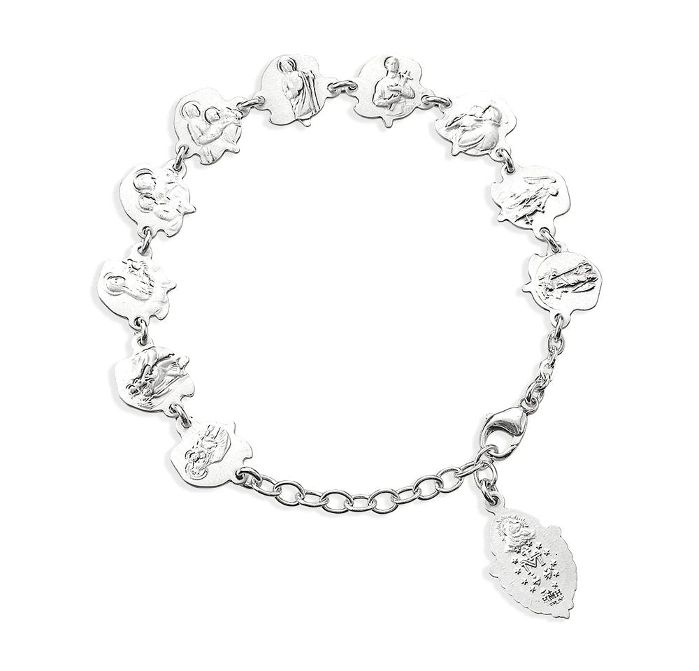 Sterling Silver Rosebud Saints & Miraculous Medal Rosary Bracelet