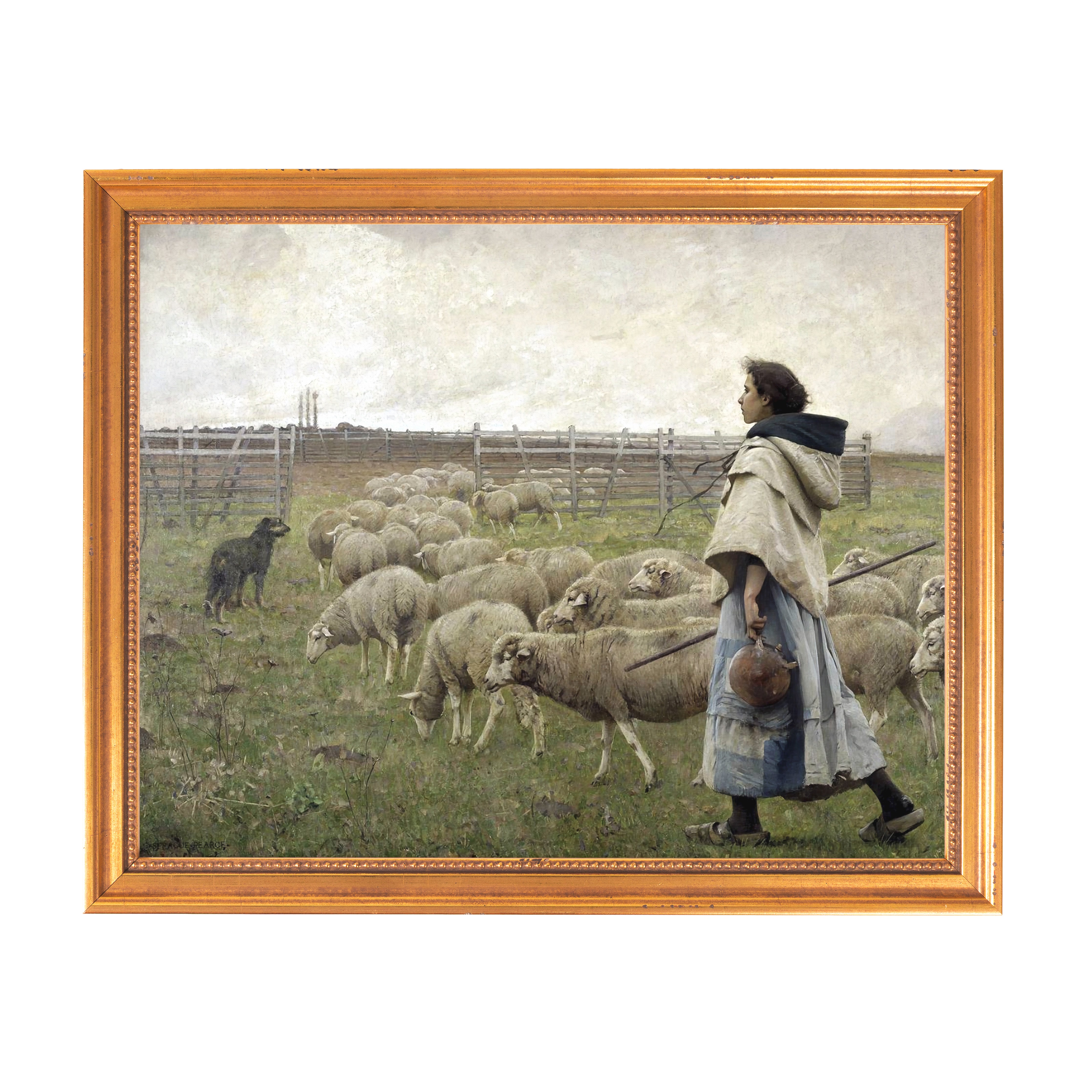 Framed painting of a shepherdess with sheep in a golden frame.