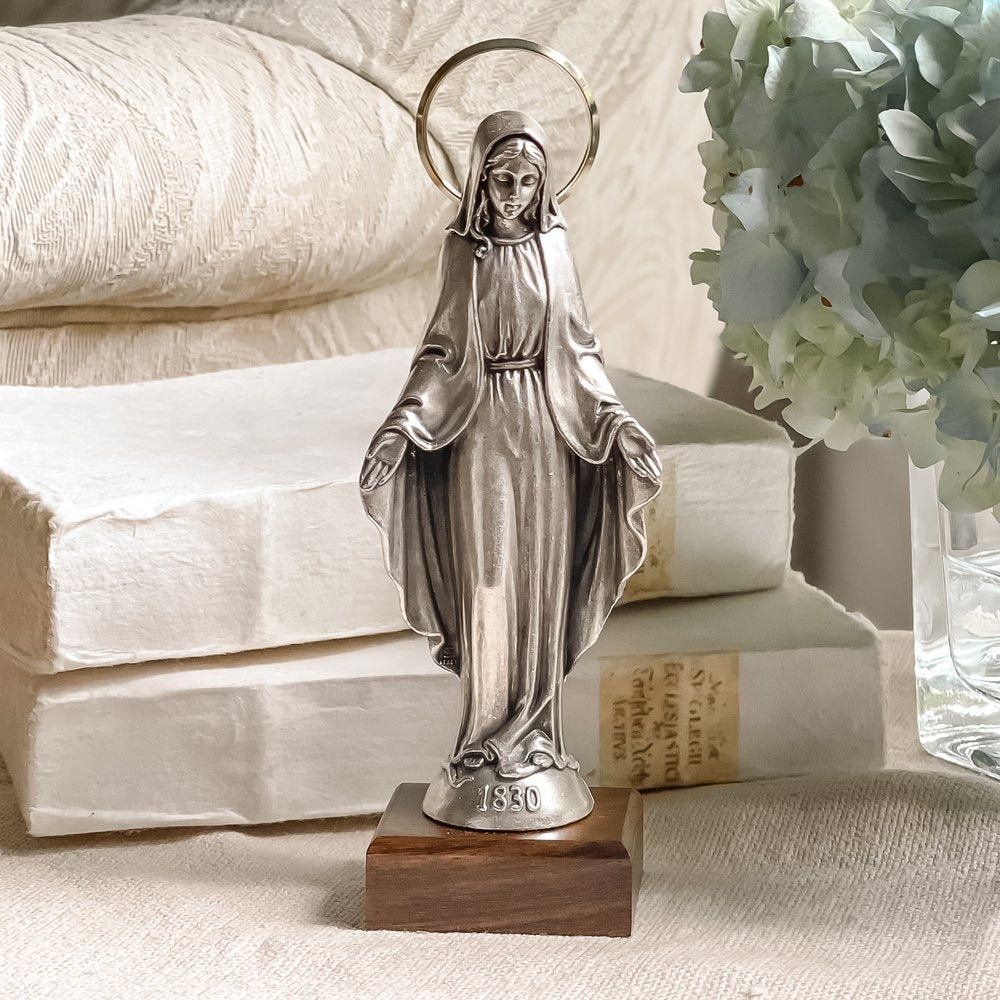 Our Lady of Grace Silver Figurine on Wood Base - 7"