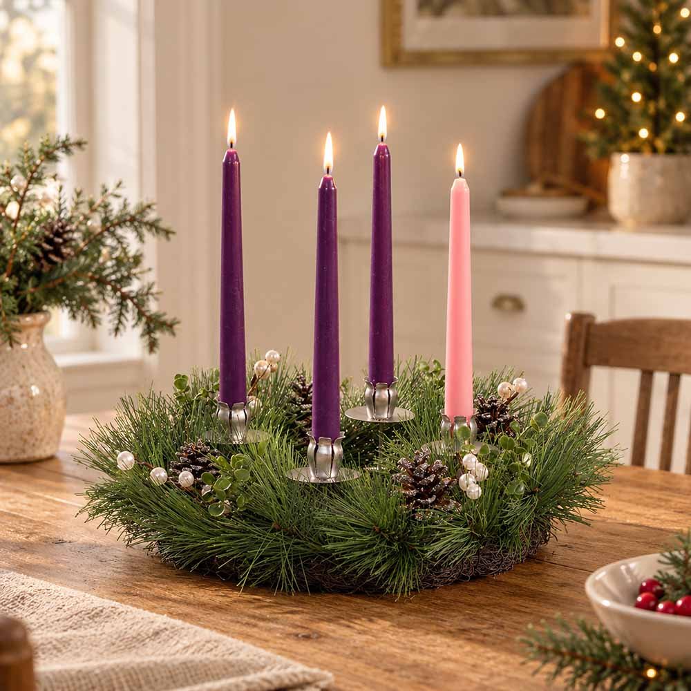 Pine Advent Wreath with Silver & White Berries - 14" (D)