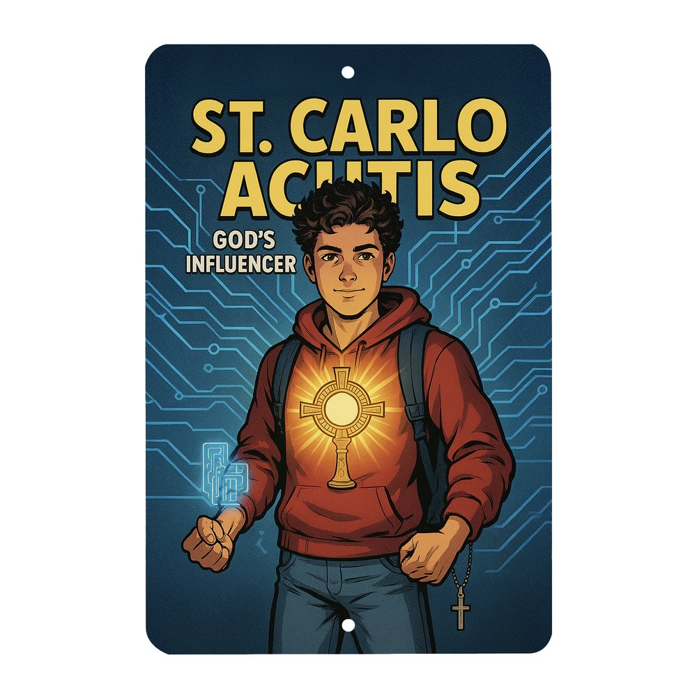St. Carlo Acutis Superhero Tin Sign
