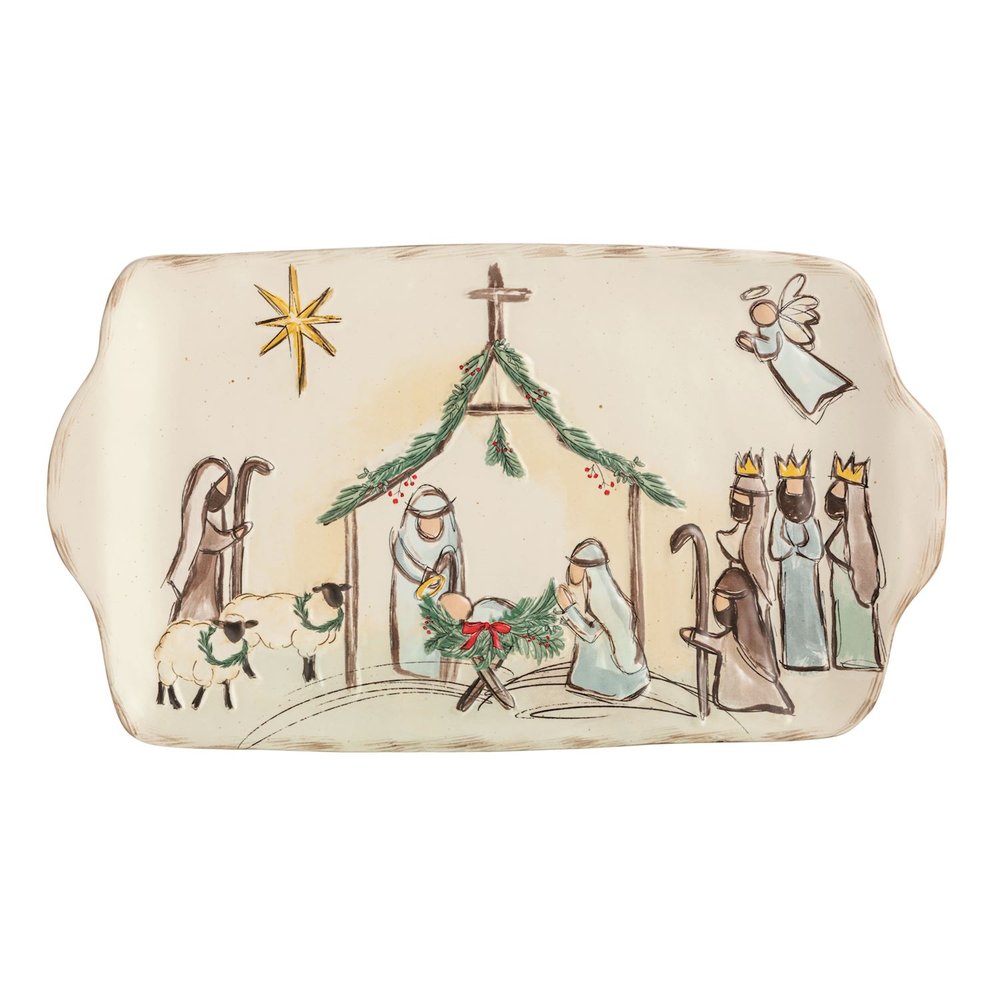 Nativity Scene Hand Painted Stoneware Platter - 14"