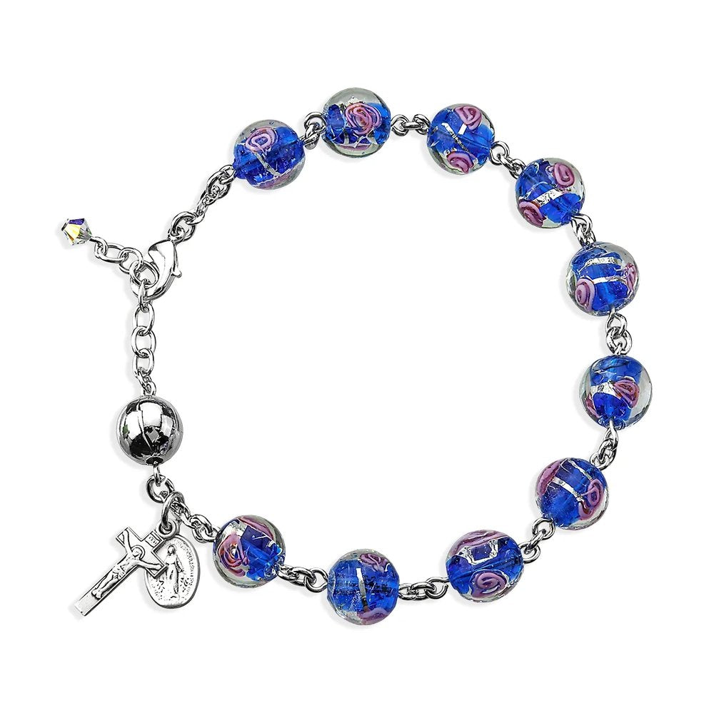 Blue Venetian-Style Glass Rose Rosary Bracelet