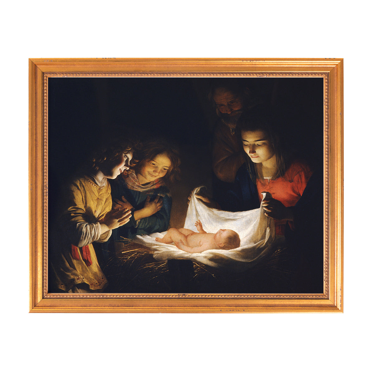 Framed painting depicting the Nativity scene with figures in a dark, classic style and gold frame.