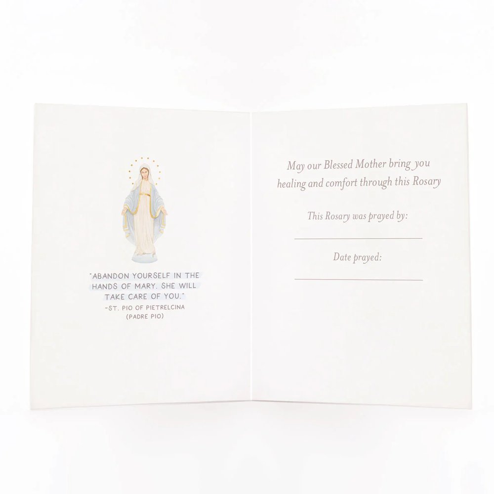 Open Rosary prayer card with Mother Mary image and space to note when prayed.