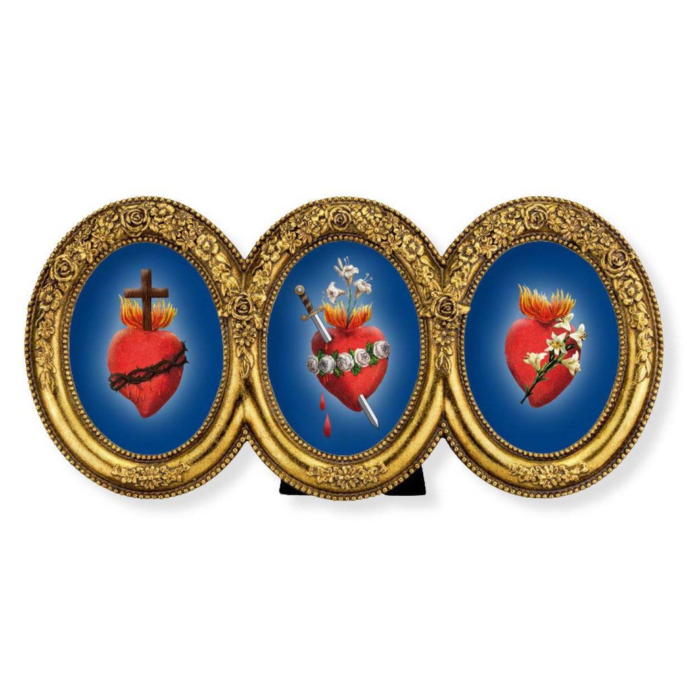 Blue Gold Leaf Framed Three Hearts Prints - 9" x 4.5"