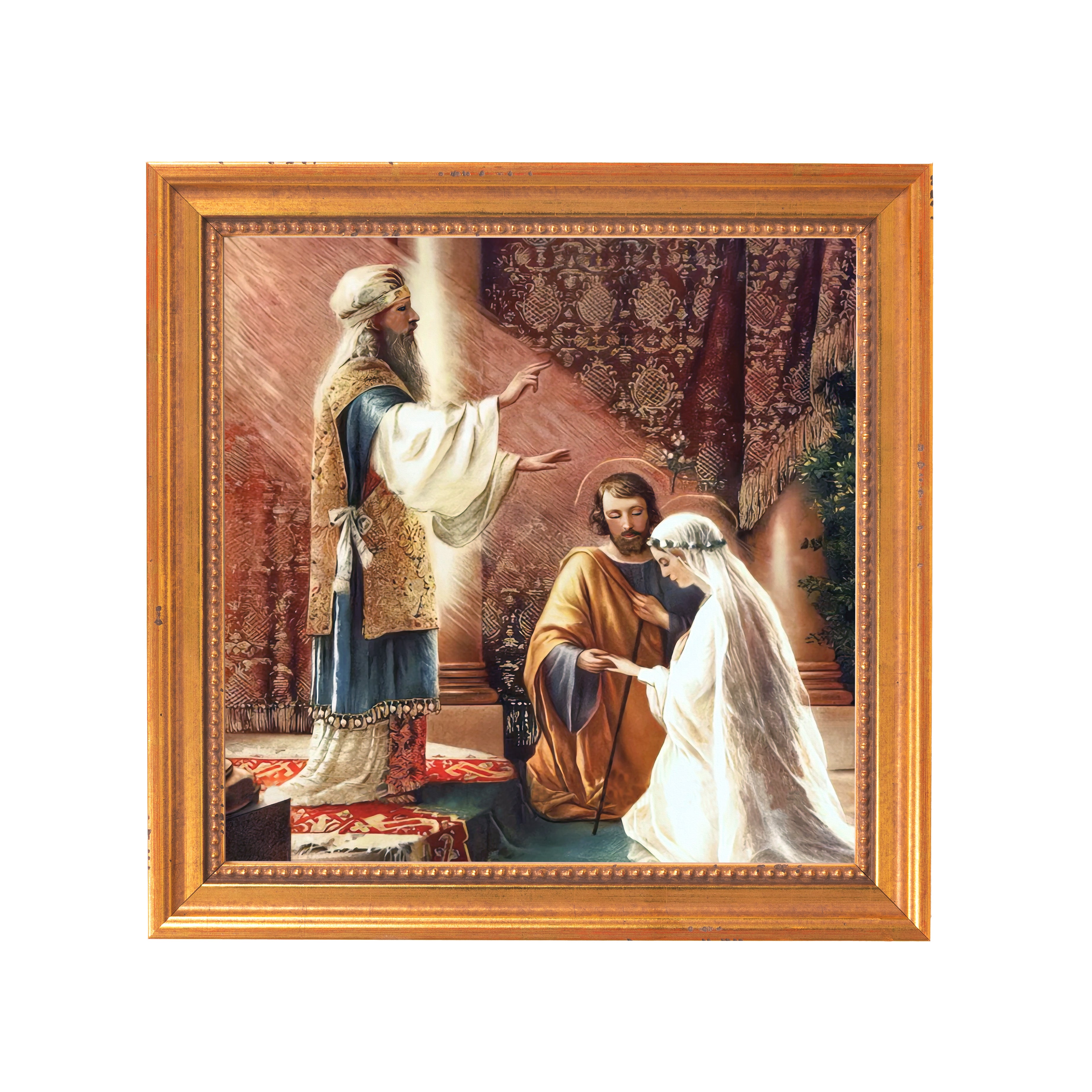 Framed print depicts wedding scene, gold wooden frame.
