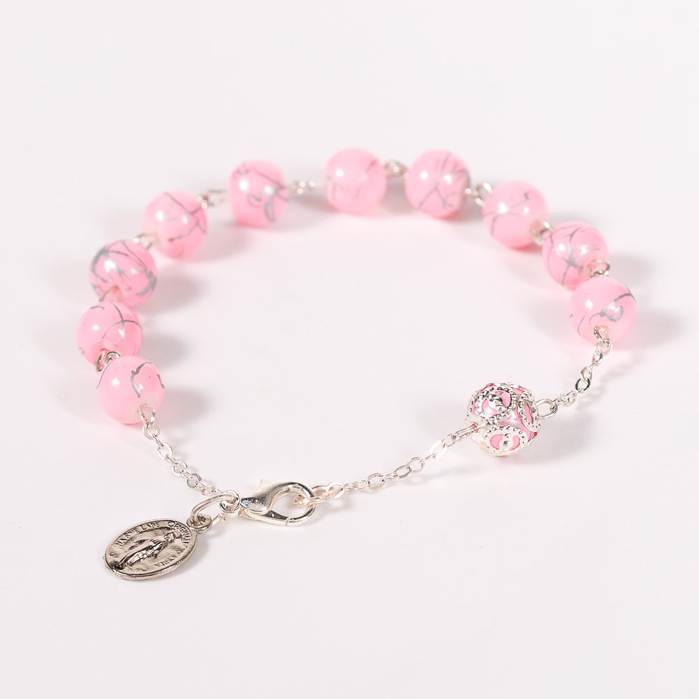 Italian Marbled Silver & Pink Bead Rosary Bracelet