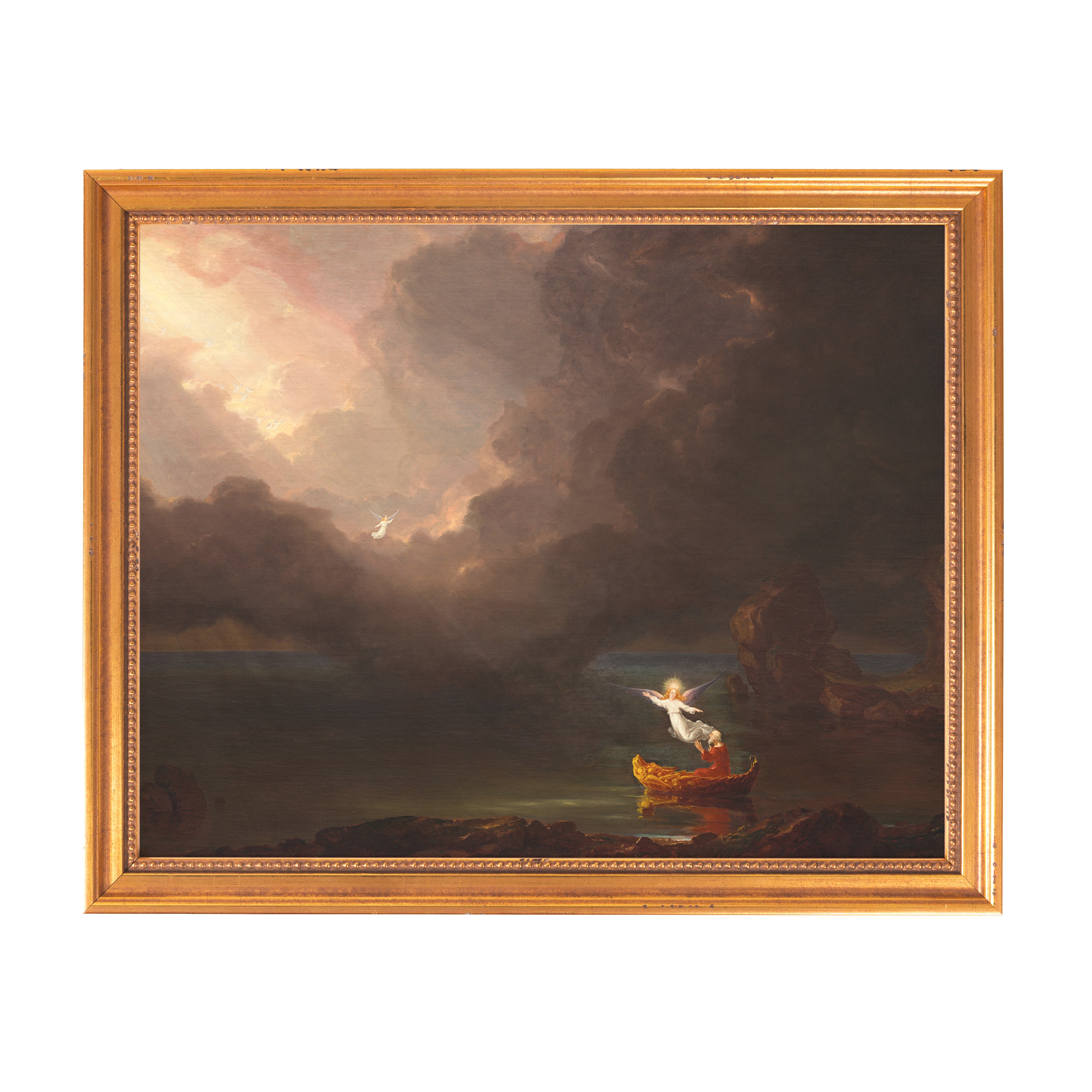 Framed painting of a white angel coming to rescue a boat with people from dark storm clouds and water.