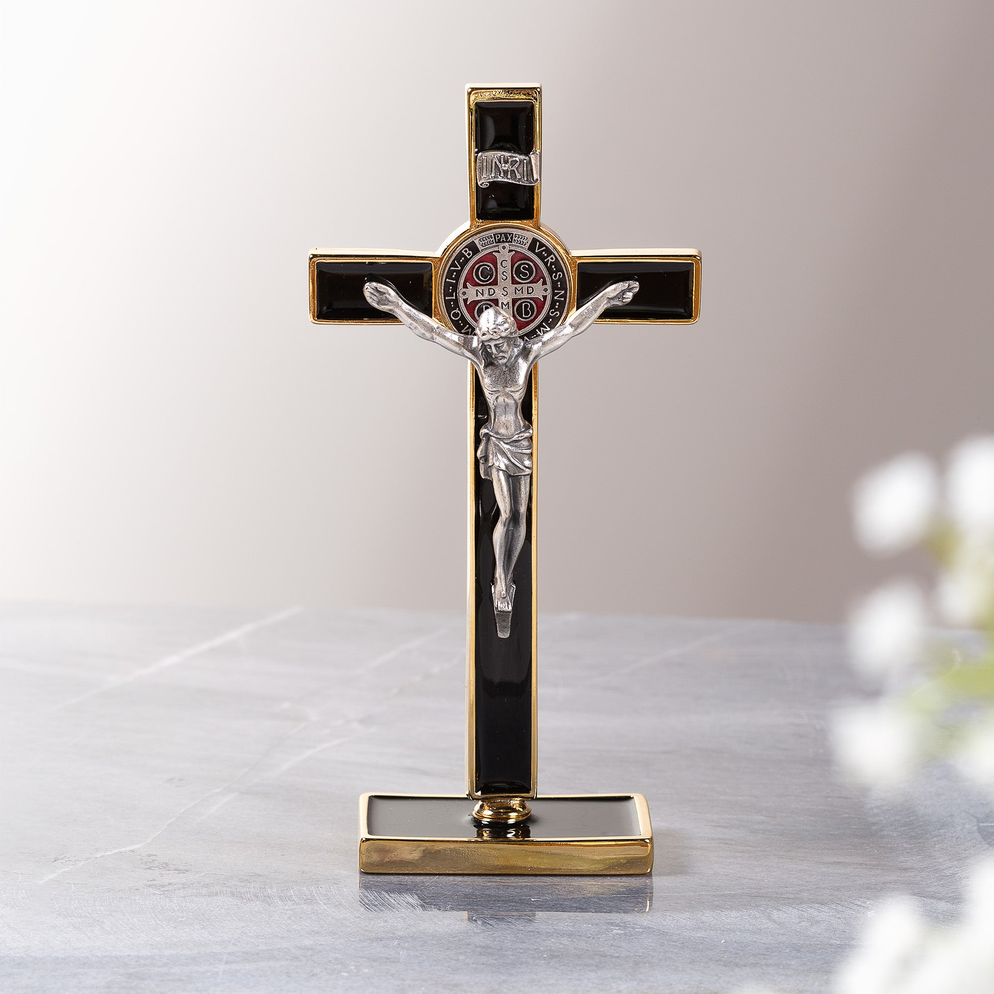 Black Enamel St. Benedict Standing Crucifix - 8"