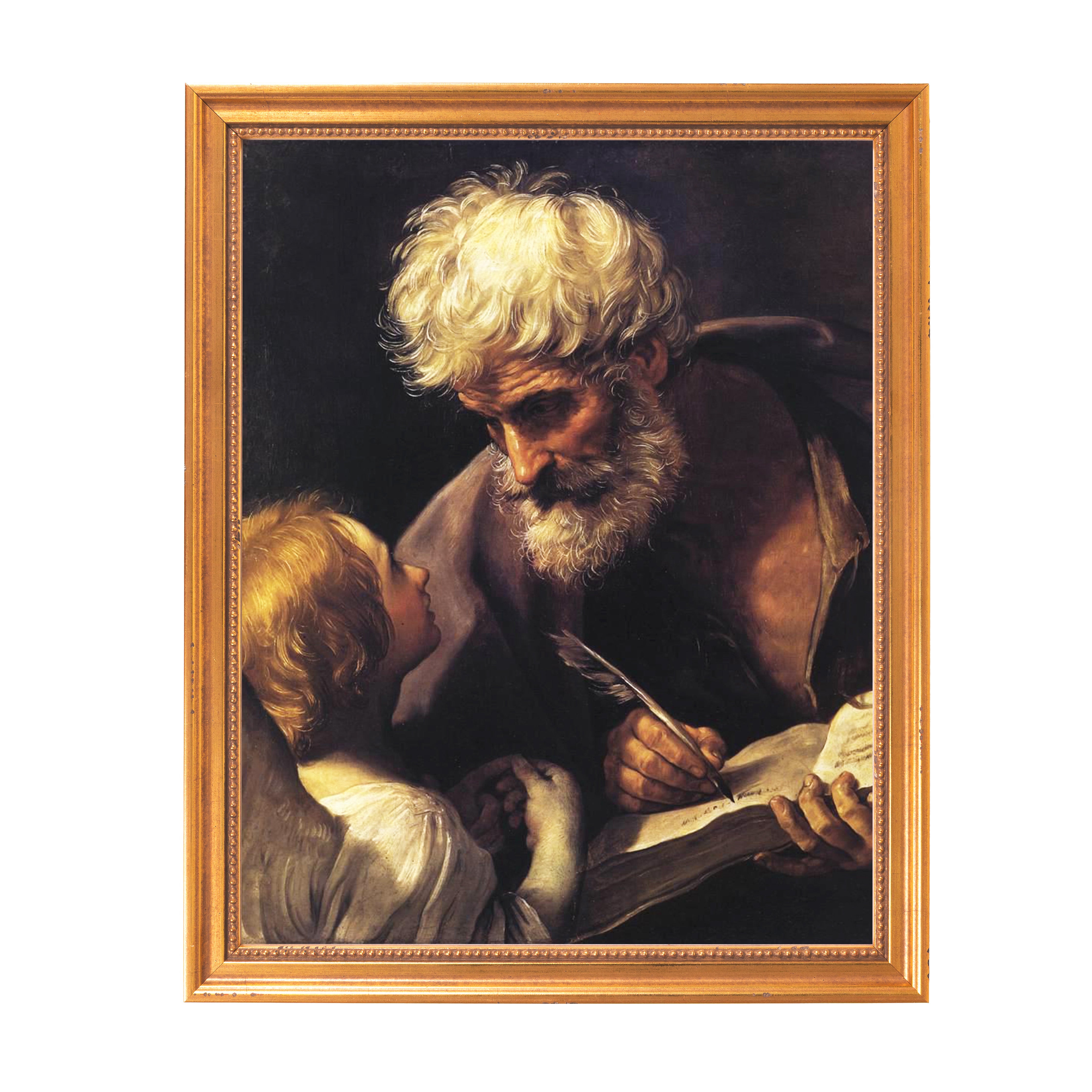 Framed oil painting showing an older man writing with a quill as a young boy looks on.