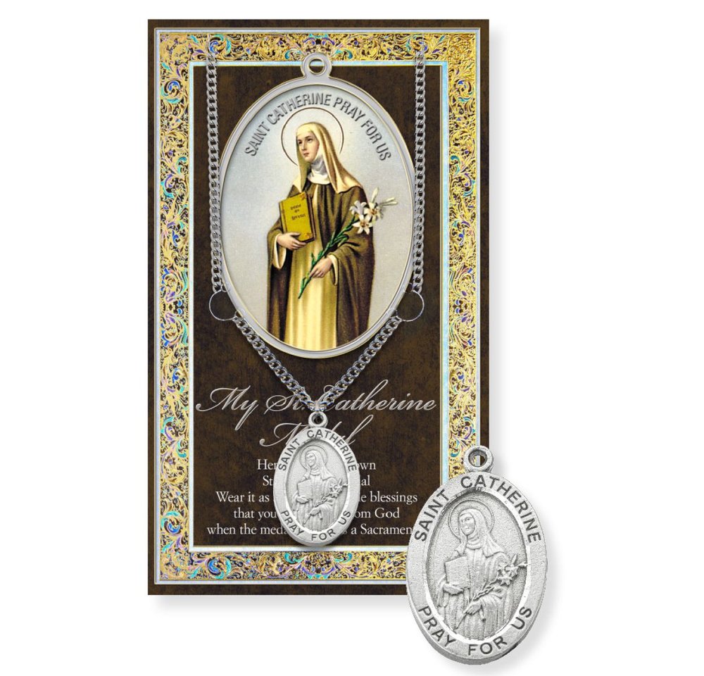 St. Catherine of Siena Pewter Medal Necklace & Prayer Card Pamphlet - 18"