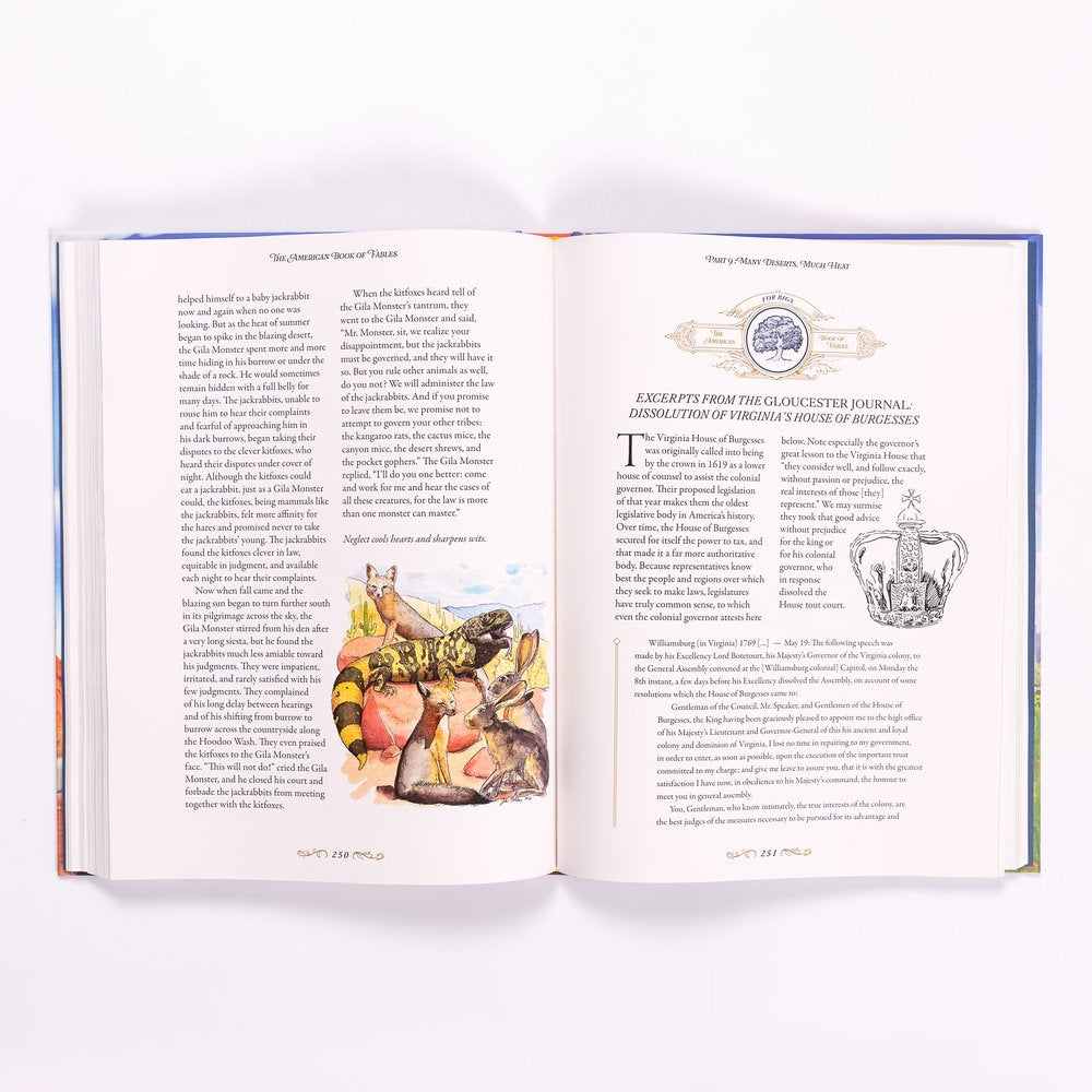 Open Book, displays illustrated fable with watercolor animals and printed historical text.