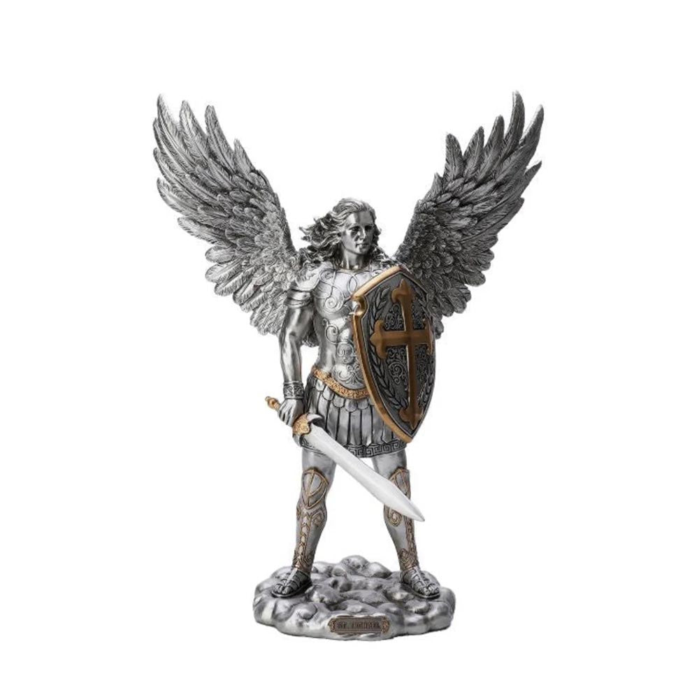 St. Michael Archangel statue, silver-toned resin, featuring wings, shield, and sword; religious figurine for home decor.