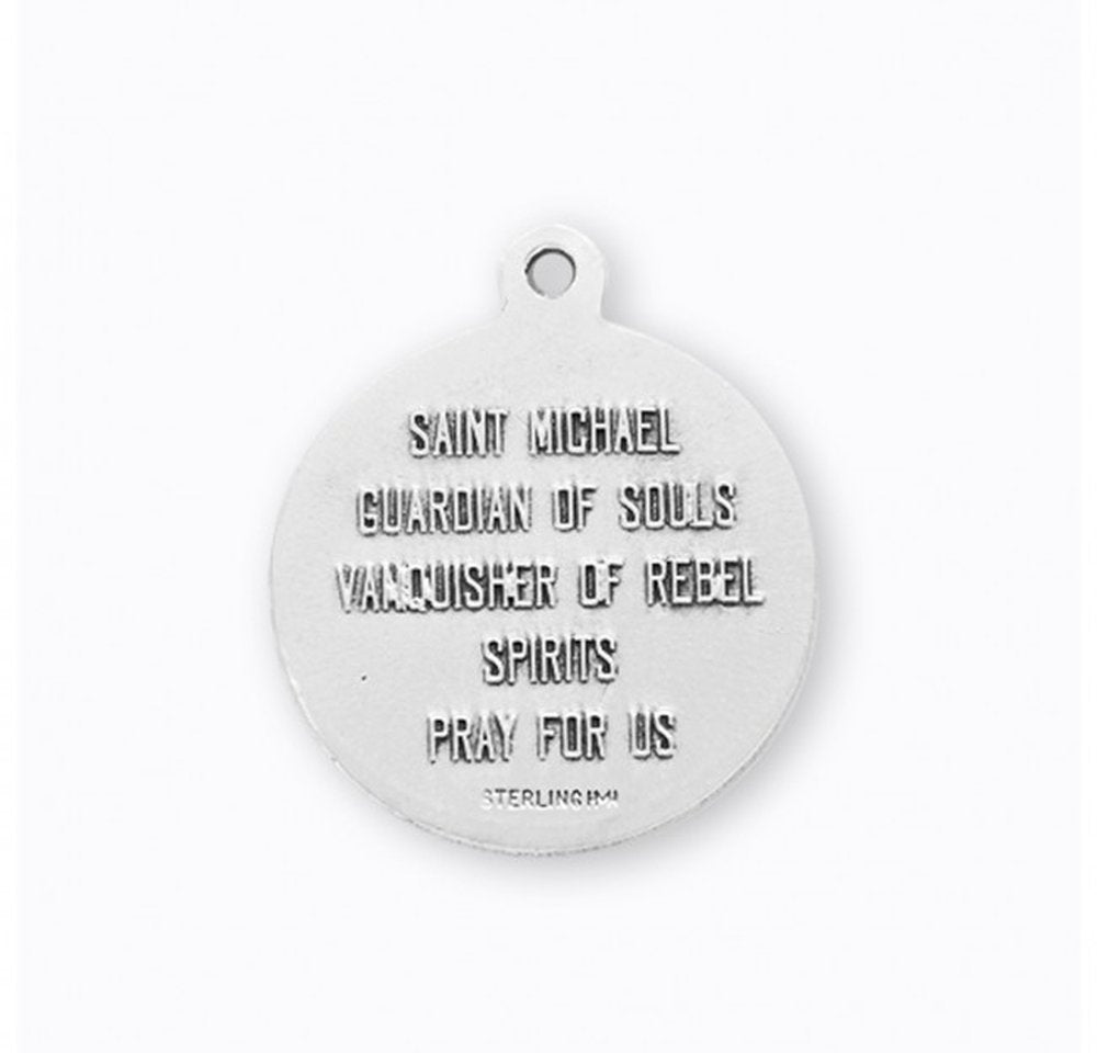 Round, Saint Michael pendant. Silver-tone metal, with engraved text "Saint Michael" and "Pray for Us.".