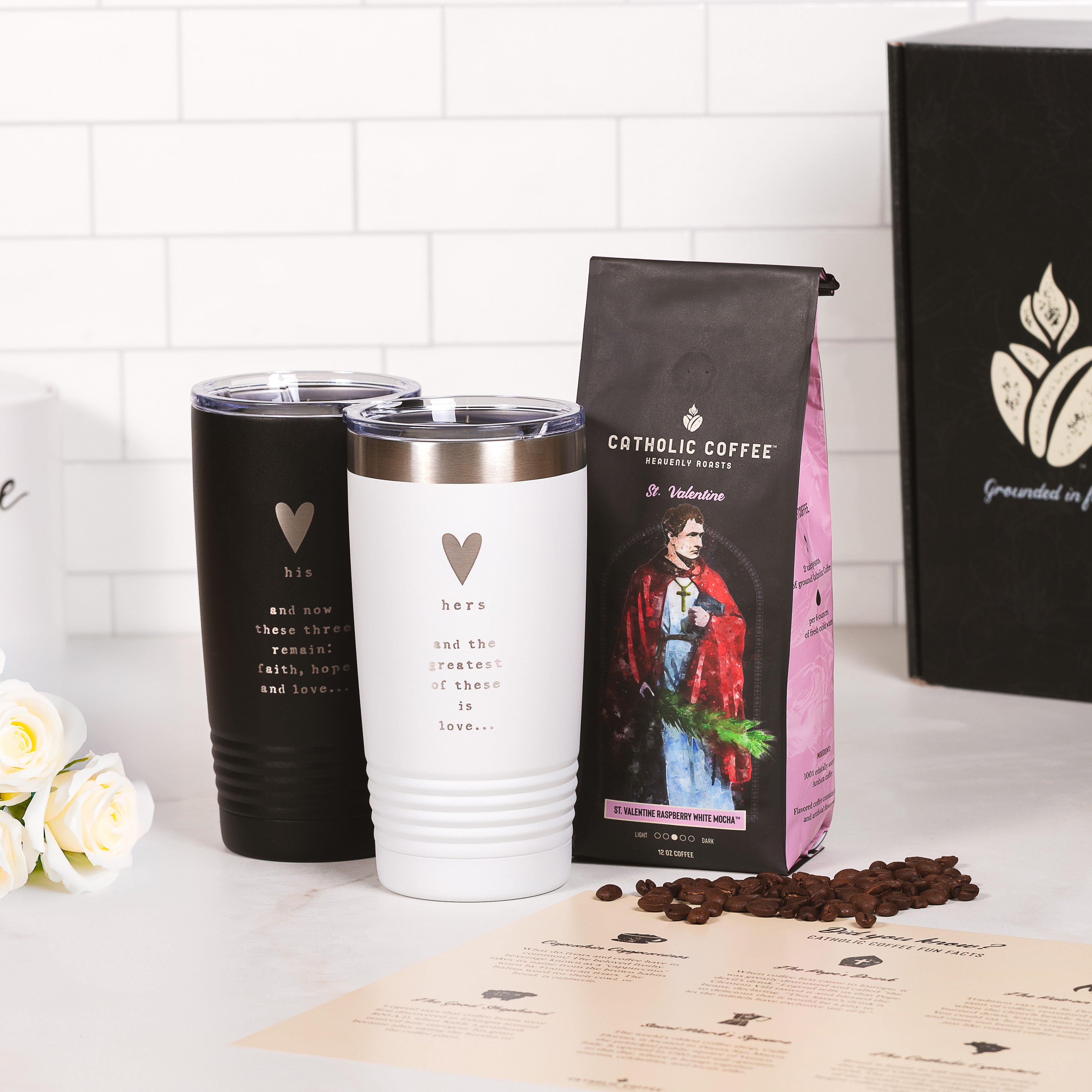 His & Hers Love Tumblers & St. Valentine Raspberry White Mocha Coffee Gift Set