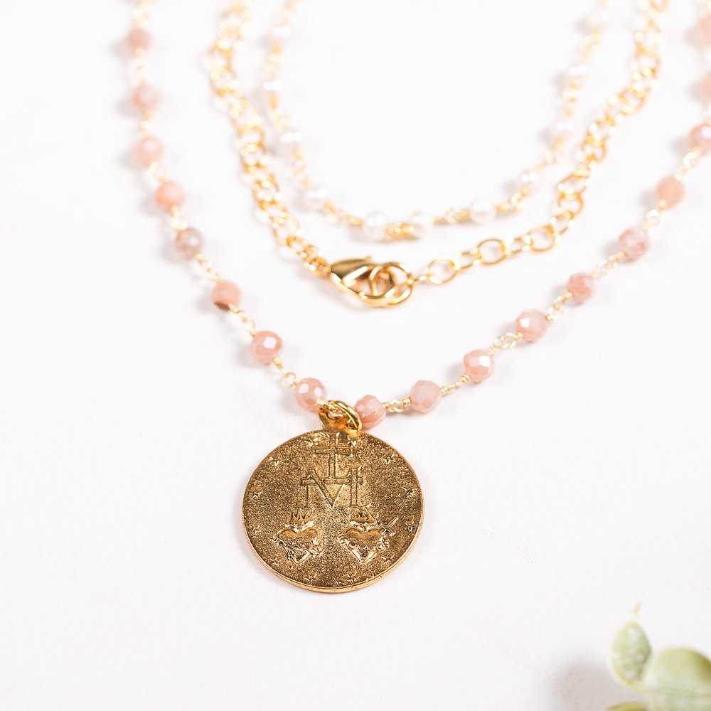 Double Strand Beaded Miraculous Medal Necklace