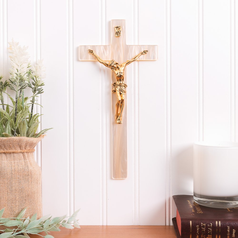 Imitation Mother of Pearl & Gold Wall Crucifix - 10"