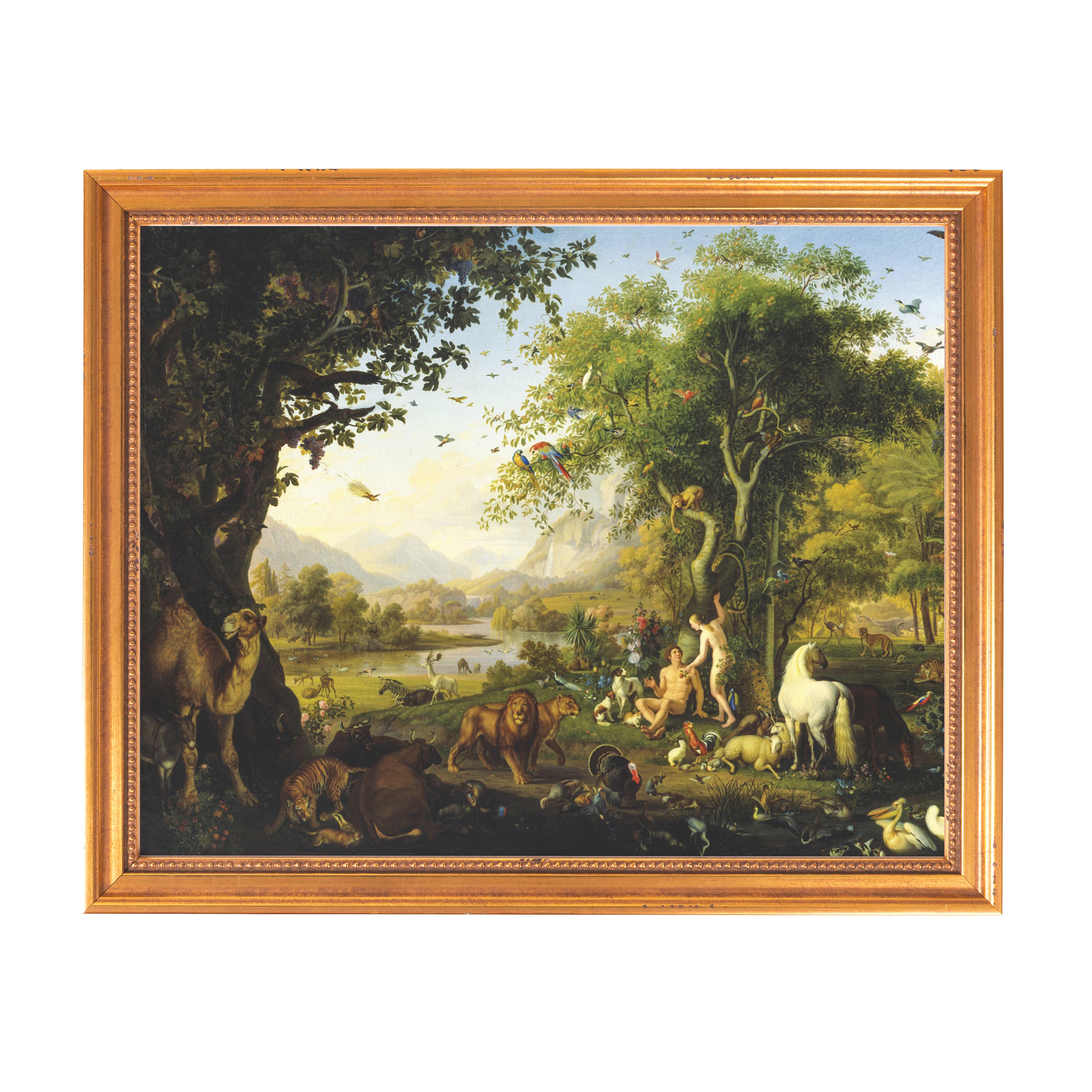 Framed Painting shows "The Garden of Eden" with various animals in a lush landscape, enclosed by a gold frame.