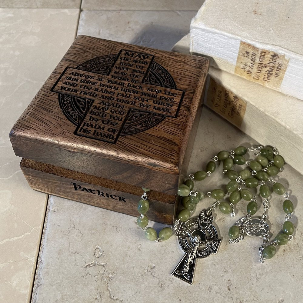 Personalized Irish Blessing Keepsake Box with Connemara Marble Rosary