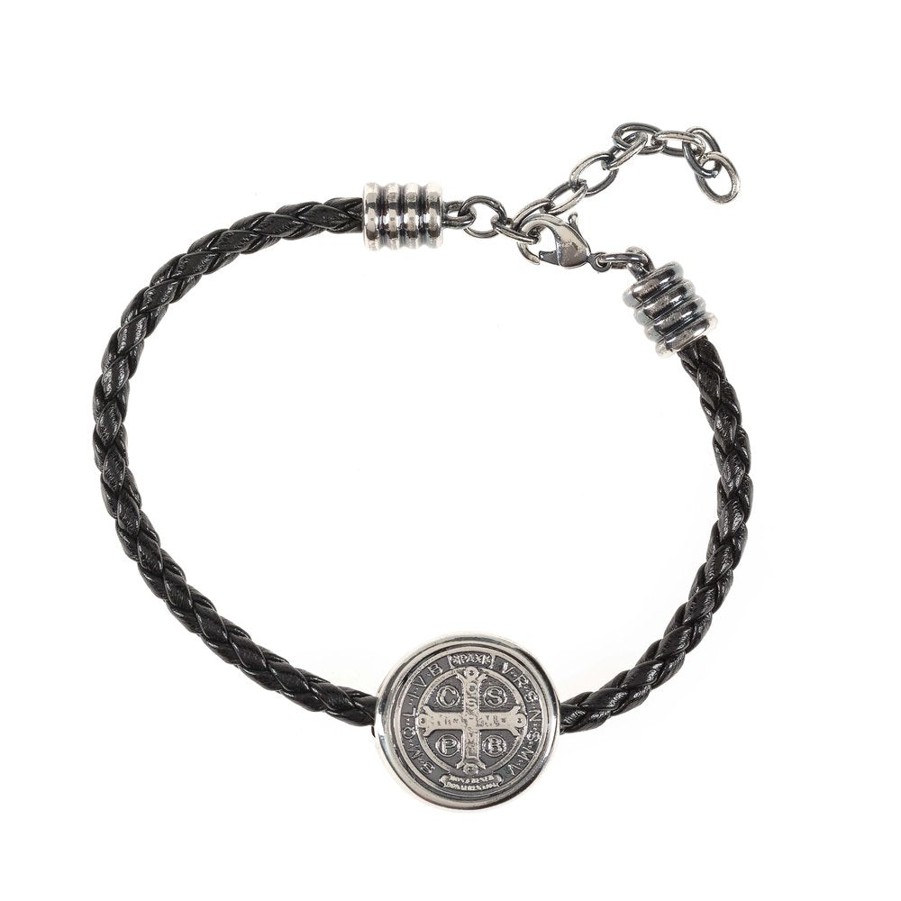 Black Braided Leather St. Benedict Medal Bracelet