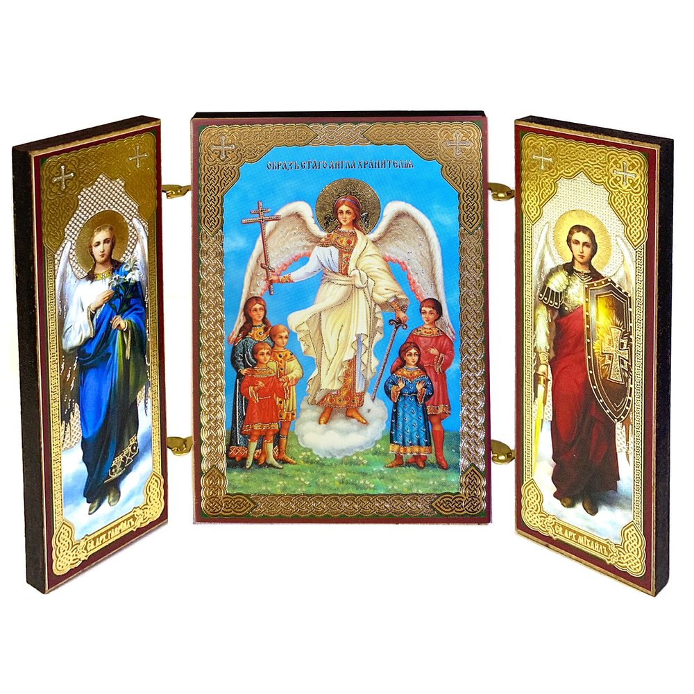 Ukrainian Guardian Angel with Sts. Michael & Gabriel Triptych - 3.25"