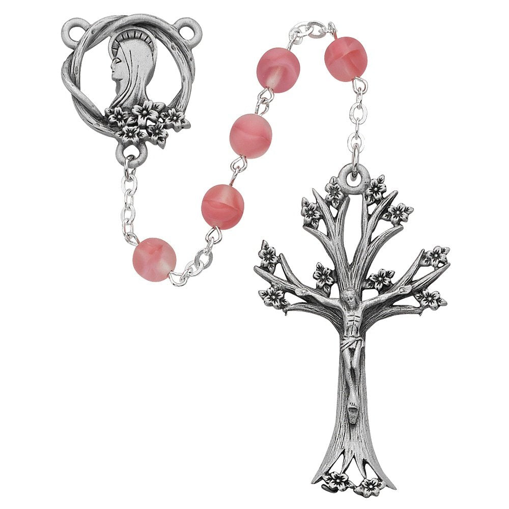 Pink Glass Dogwood Tree of Life Rosary