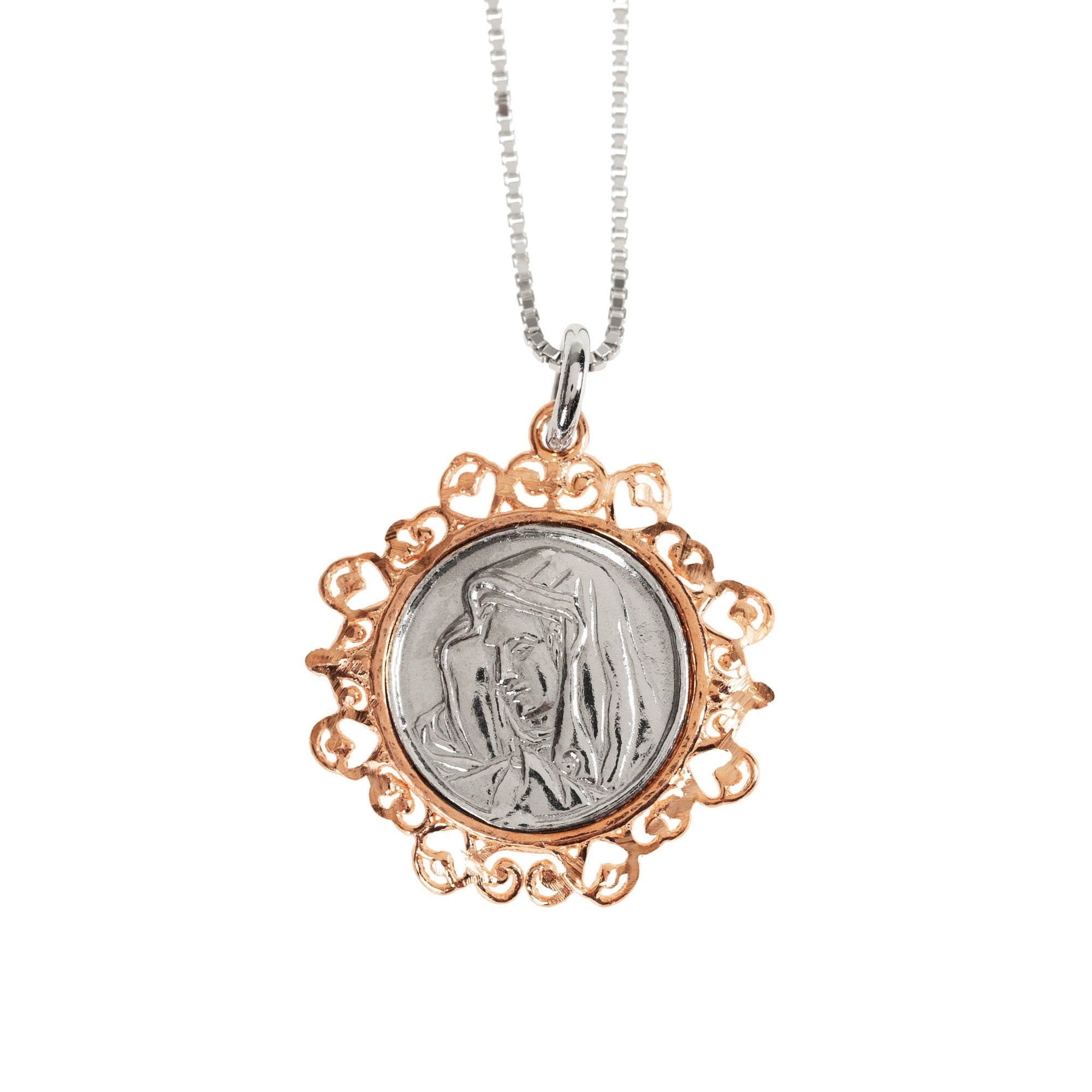 Sterling Silver & Rose Gold Round Our Lady of Sorrows Profile Medal on 18" Chain