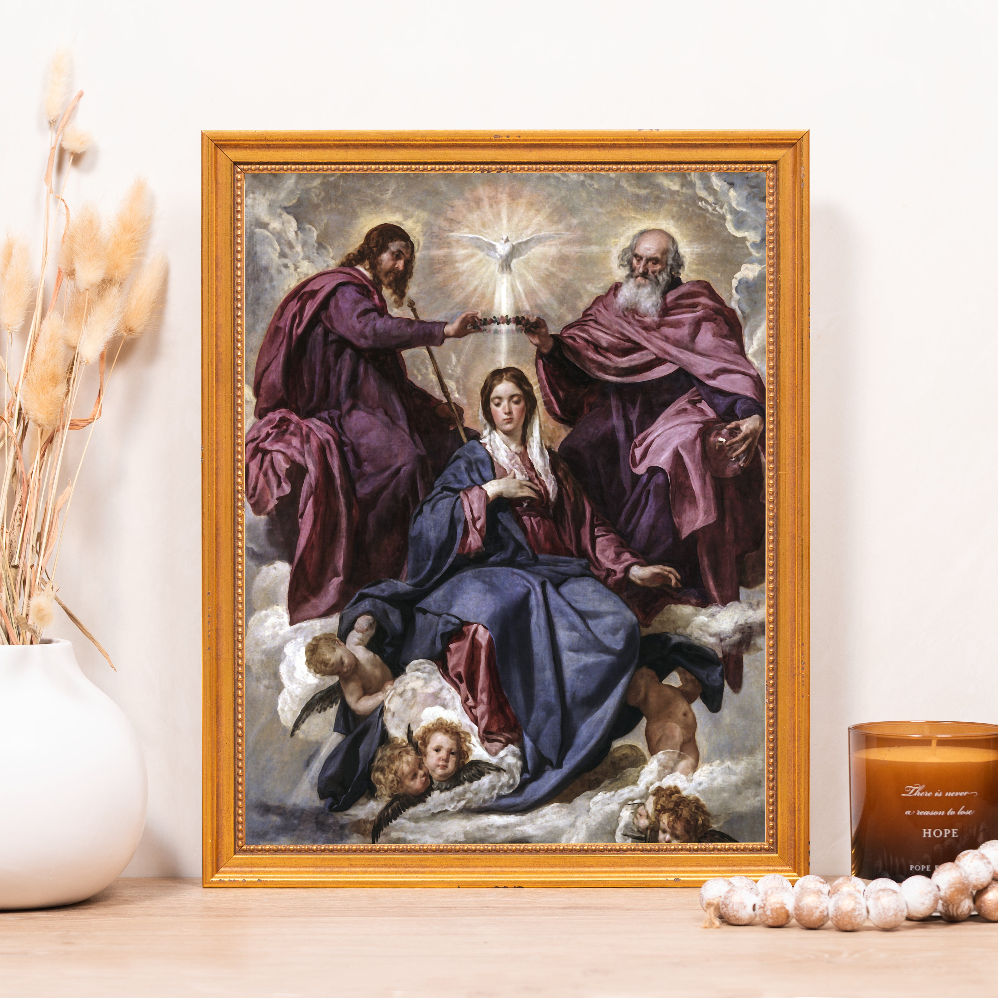 Coronation of the Virgin Mary art print in gold frame features vibrant blue and purple hues.